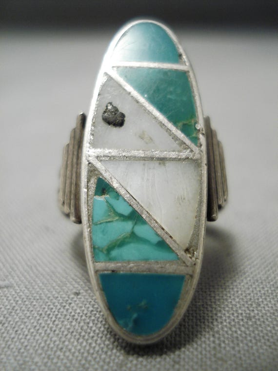 Taller Vintage Zuni Native American Navajo Turquoise Pearl Sterling Silver Inlay Ring Taller Vintage Zuni Native American Navajo Turquoise Pearl Sterling Silver Inlay Ring