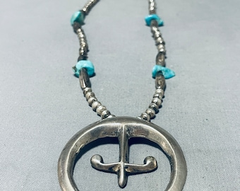 Special Vintage Native American Navajo Turquoise Sterling Silver Necklace With Naja - Make An Offer!