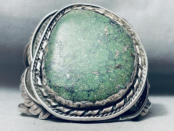 One Of The Largest Best Vintage Native American Navajo Green Turquoise Sterling Silver Bracelet - Make An Offer!