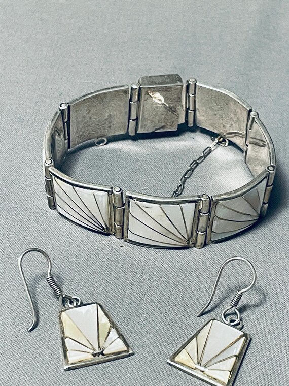 Native American The Most Intricate Vintage Pearl Inlay Sterling Silver Clasp Bracelet Set Native American The Most Intricate Vintage Pearl Inlay Sterling Silver Clasp Bracelet Set