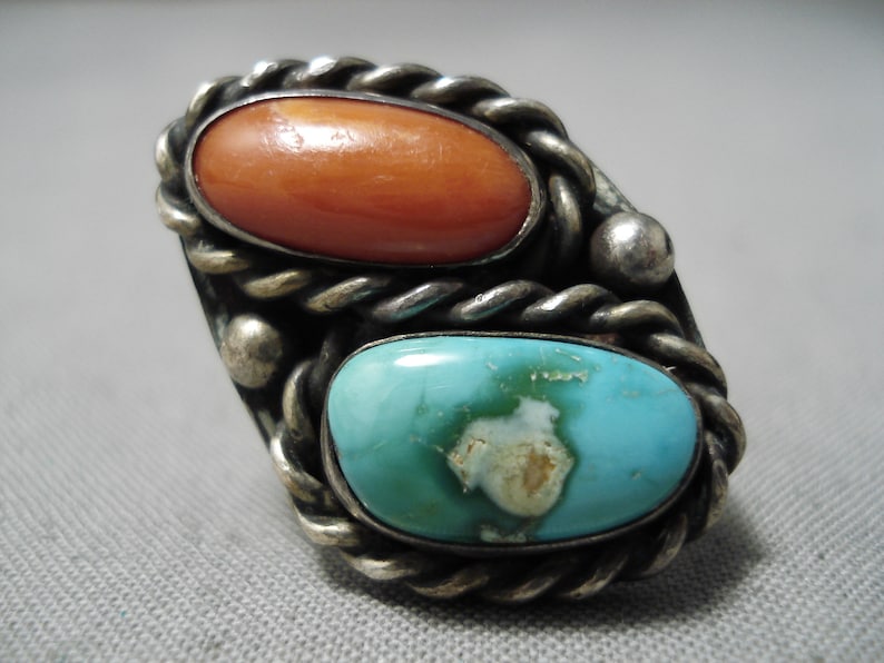 Make An Offer! Marvelous Vintage Native American Navajo Coral And Candelaria Turquoise Sterling Silver Ring Old