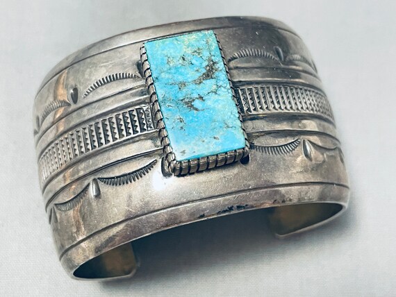 Wide Signed Hand Tooled Vintage Native American Navajo Turquoise Sterling Silver Bracelet Wide Signed Hand Tooled Vintage Native American Navajo Turquoise Sterling Silver Bracelet