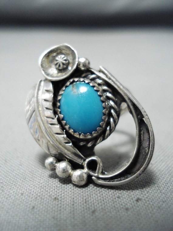 Whimsical Vintage Navajo Native American Bisbee Turquoise Sterling Silver Ring Whimsical Vintage Navajo Native American Bisbee Turquoise Sterling Silver Ring