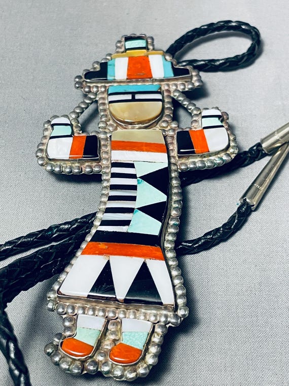 Museum Quality Long Vintage Native American Zuni Turquoise Inlay Sterling Silver Bolo Tie Museum Quality Long Vintage Native American Zuni Turquoise Inlay Sterling Silver Bolo Tie
