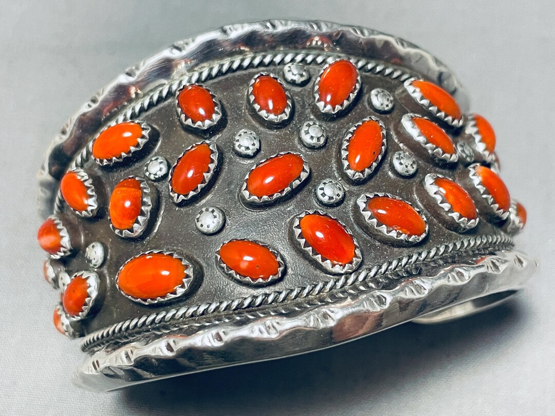124 Gram Huge Vintage Native American Navajo Coral Sterling Silver ...