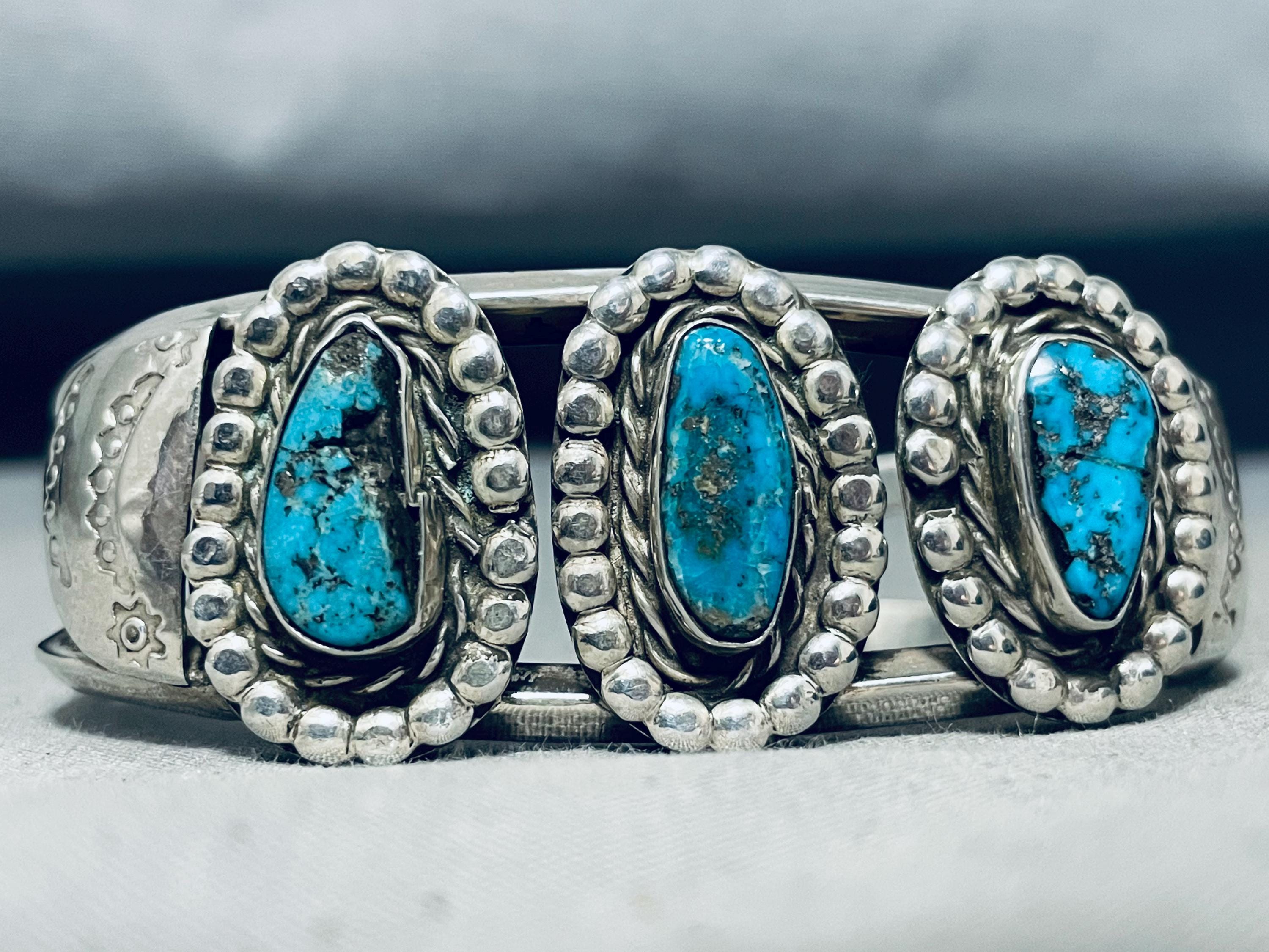 アクセサリー Vintage Navajo Turquoise Silver Bracelet Stunning Vintage Native American Navajo Triple Turquoise