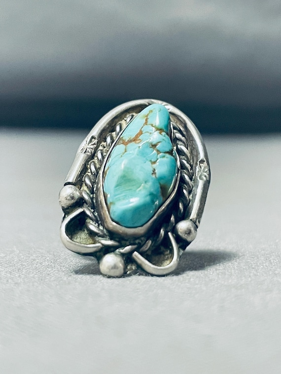 Impressive Vintage Native American Navajo Damale Turquoise Sterling Silver Double Ring Impressive Vintage Native American Navajo Damale Turquoise Sterling Silver Double Ring