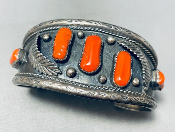 Museum Vintage Native American Jewelry Navajo Chunky Coral Turquoise Sterling Silver Leaf Bracelet Museum Vintage Native American Jewelry Navajo Chunky Coral Turquoise Sterling Silver Leaf Bracelet