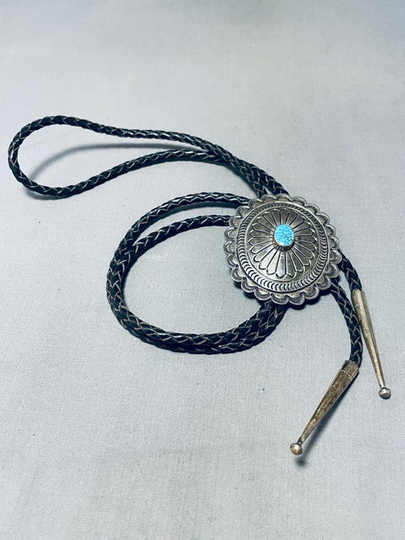 Native American Mesmerizing Yaqui Signed Spiderweb Turquoise Sterling Silver Bolo Native American Mesmerizing Yaqui Signed Spiderweb Turquoise Sterling Silver Bolo