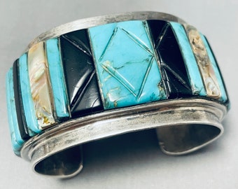 Optimum 116 Gram Vintage Native American Navajo Turquoise Inlay Sterling Silver Bracelet Cuff - Make An Offer!