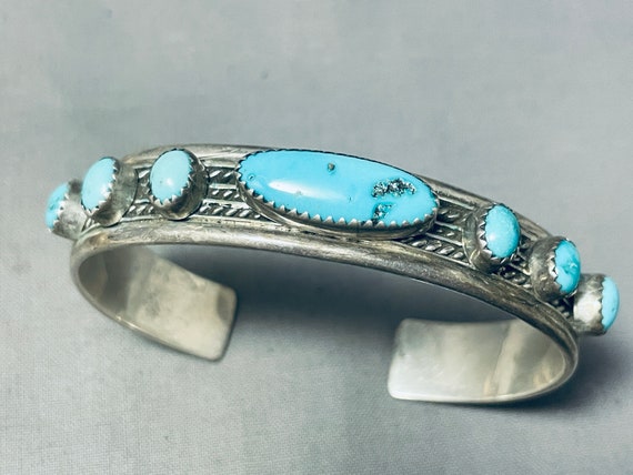 Breathtaking Vintage Native American Navajo Turquoise Row Sterling Silver Bracelet Cuff Breathtaking Vintage Native American Navajo Turquoise Row Sterling Silver Bracelet Cuff