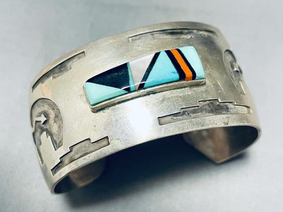 Henry Yazzie Vintage Native American Navajo Turquoise Inlay Sterling Silver Bracelet Henry Yazzie Vintage Native American Navajo Turquoise Inlay Sterling Silver Bracelet