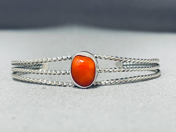 Marvelous Navajo Coral Sterling Silver Bracelet Native American Marvelous Navajo Coral Sterling Silver Bracelet Native American
