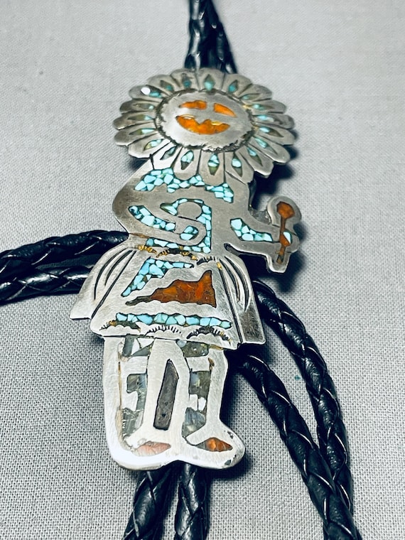Impressive Vintage Native American Navajo Turquoise & Coral Chip Inlay Sterling Silver Bolo Old Impressive Vintage Native American Navajo Turquoise & Coral Chip Inlay Sterling Silver Bolo Old