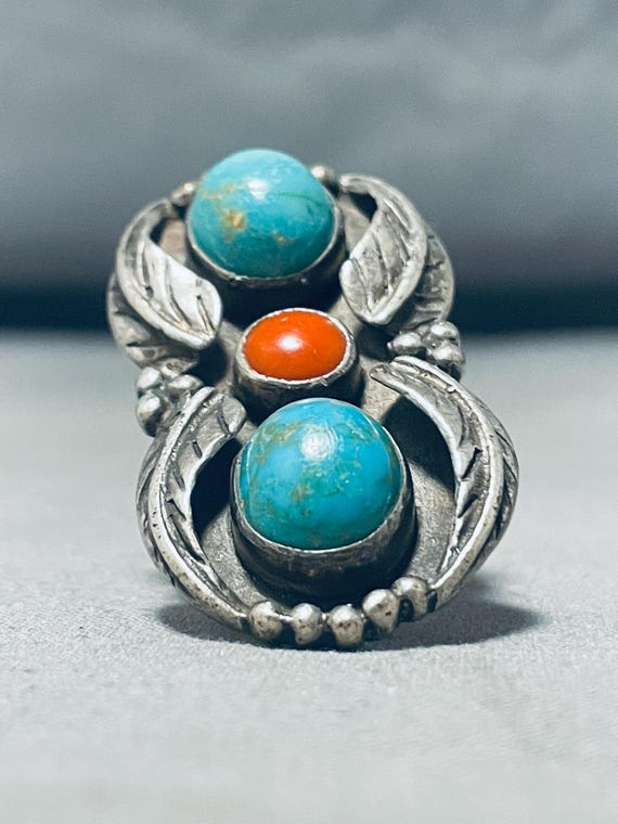 Impressive Vintage Native American Navajo Damale Turquoise Sterling Silver Double Ring Impressive Vintage Native American Navajo Damale Turquoise Sterling Silver Double Ring