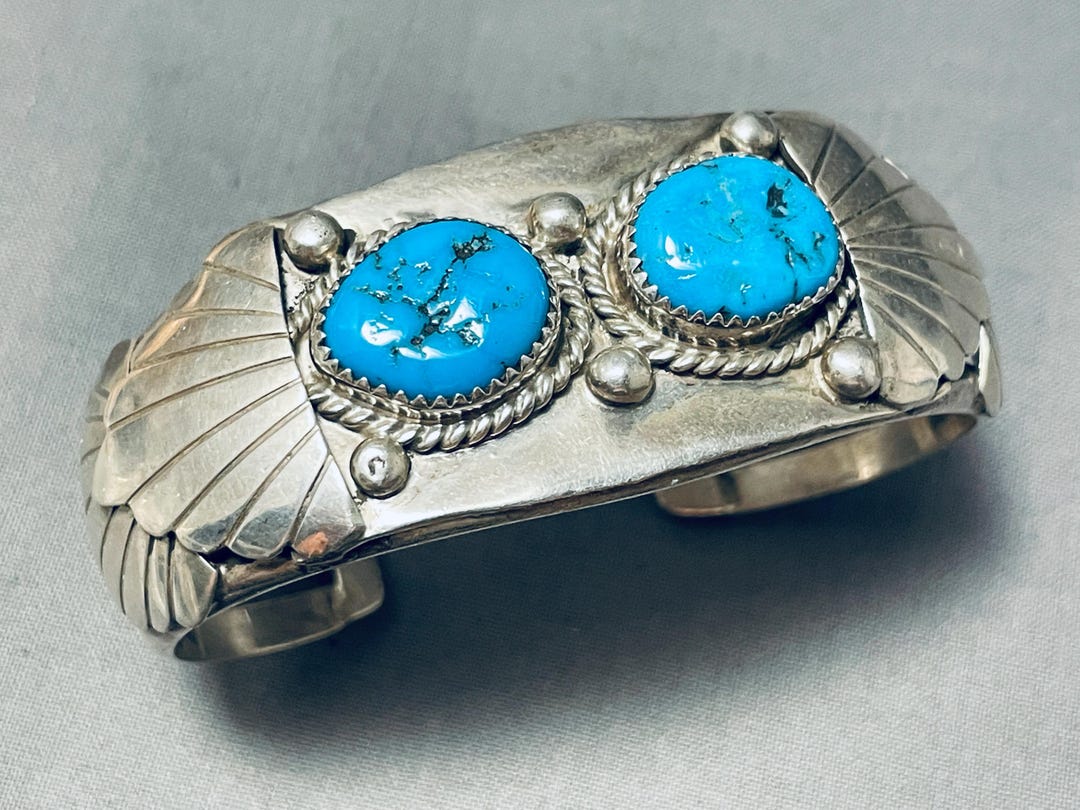 Sturdy Vintage Native American Navajo Two Turquoise Sterling Silver ...