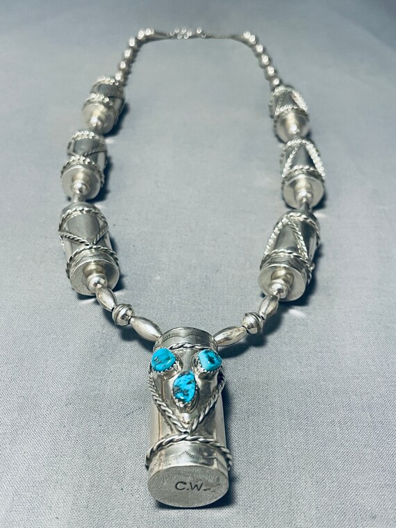 Native American Hand Forged Sterling Silver Drum Turquoise Necklace Old Native American Hand Forged Sterling Silver Drum Turquoise Necklace Old