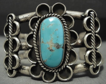 Huge And Hvy Vintage Navajo #8 Turquoise Silver Wave Bracelet