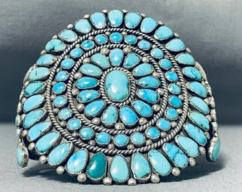 Important Museum Vintage Native American Navajo Turquoise Cluster Sterling Silver Bracelet - Make An Offer!