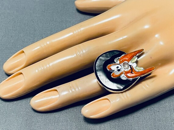Marvelous Native American Zuni Signed Inlay Coral Jet Sterling Silver Yosemite Sam Ring Marvelous Native American Zuni Signed Inlay Coral Jet Sterling Silver Yosemite Sam Ring