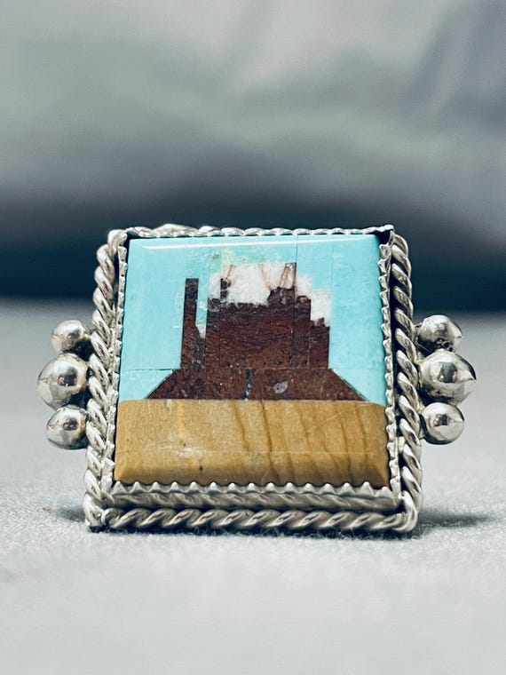 Top Five Inlayers Native American Navajo Turquoise Sterling Silver Monument Valley Ring Top Five Inlayers Native American Navajo Turquoise Sterling Silver Monument Valley Ring