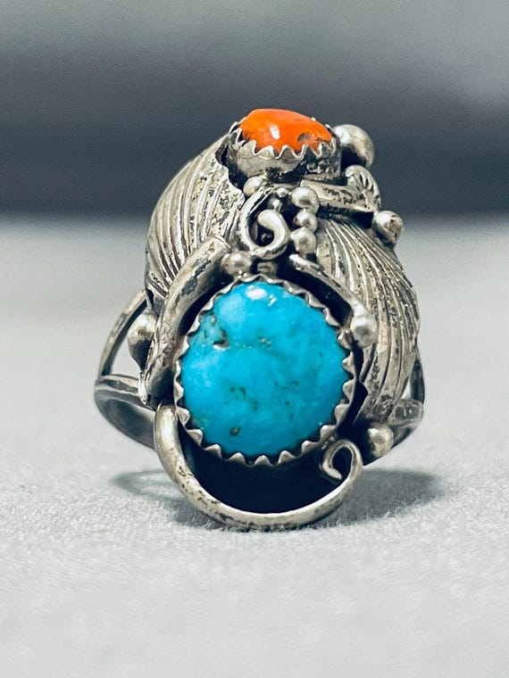Impressive Vintage Native American Navajo Damale Turquoise Sterling Silver Double Ring Impressive Vintage Native American Navajo Damale Turquoise Sterling Silver Double Ring