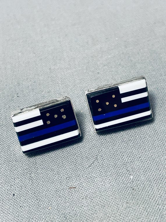 Important Patriotic Native American Navajo Inlay Sterling Silver Lapis Earrings Important Patriotic Native American Navajo Inlay Sterling Silver Lapis Earrings