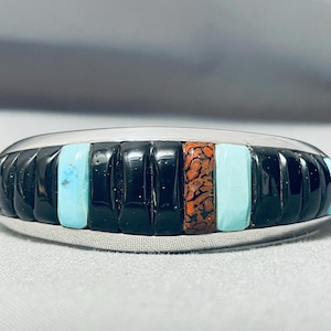 Important Dinosaur Bone Inlay Vintage Native American Navajo Sterling Silver Turquoise Bracelet Important Dinosaur Bone Inlay Vintage Native American Navajo Sterling Silver Turquoise Bracelet