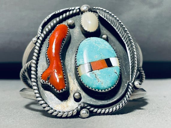 Incredible Vintage Native American Navajo Turquoise Coral Sterling Silver Inlay Wave Bracelet Incredible Vintage Native American Navajo Turquoise Coral Sterling Silver Inlay Wave Bracelet