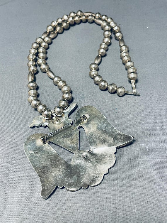 Substantial Vintage Native American Zuni Turquoise Coral Sterling Silver Bird Necklace Substantial Vintage Native American Zuni Turquoise Coral Sterling Silver Bird Necklace