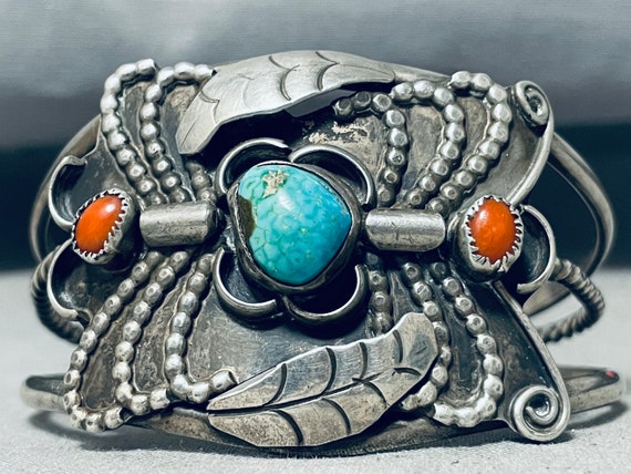 Leaf Galore Vintage Native American Navajo Carico Lake Turquoise Sterling Silver Bracelet Leaf Galore Vintage Native American Navajo Carico Lake Turquoise Sterling Silver Bracelet