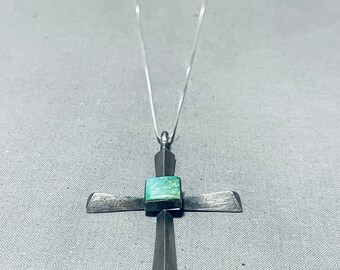 Divine Vintage Native American Navajo Royston Turquoise Square Sterling Silver Cross Necklace - Make An Offer!