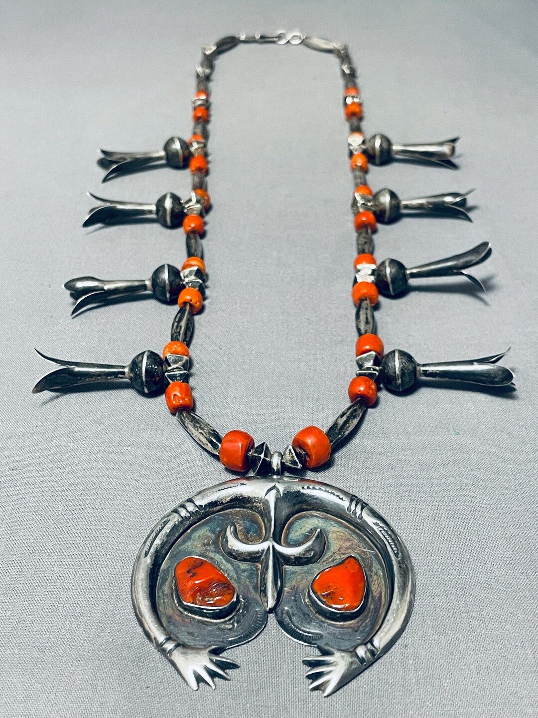 Native American Museum Vintage Chunk Coral Sterling Silver Torpedo Open Arms Necklace Native American Museum Vintage Chunk Coral Sterling Silver Torpedo Open Arms Necklace