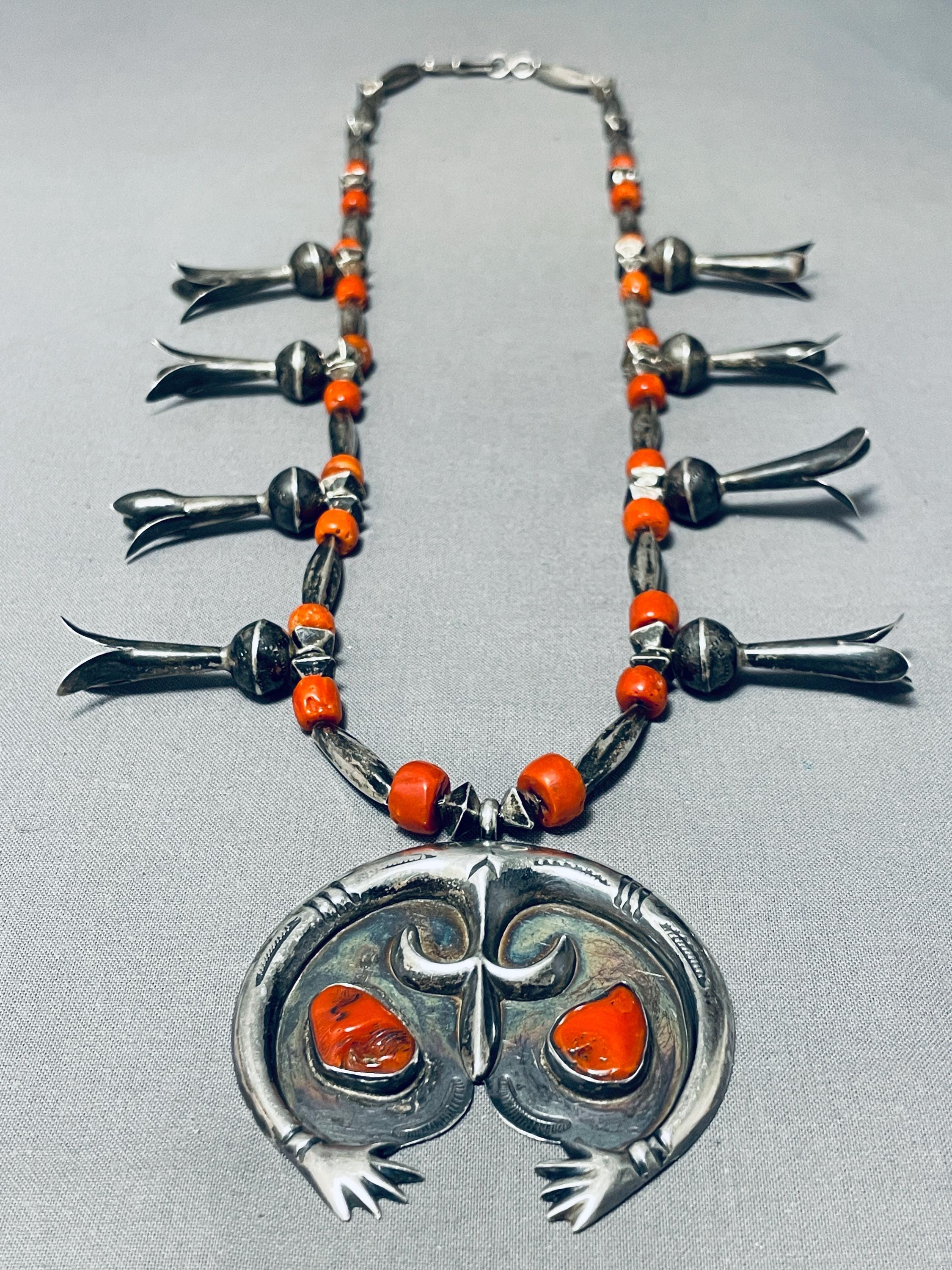 Native American Museum Vintage Chunk Coral Sterling Silver Torpedo Open Arms Necklace Native American Museum Vintage Chunk Coral Sterling Silver Torpedo Open Arms Necklace