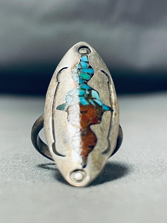 Detailed Vintage Native American Navajo Turquoise Wave Sterling Silver Ring Old Detailed Vintage Native American Navajo Turquoise Wave Sterling Silver Ring Old