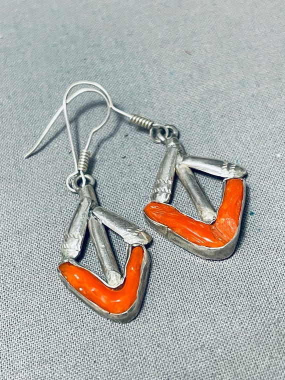 Unique Vintage Native American Navajo Coral Sterling Silver Earrings Unique Vintage Native American Navajo Coral Sterling Silver Earrings