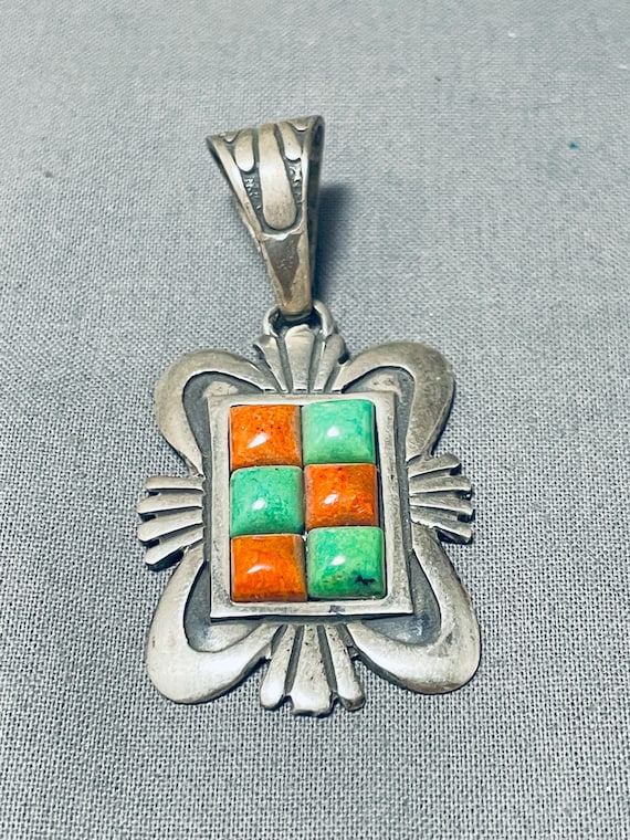 Intricate Vintage Native American Navajo Gaspeite Coral Sterling Silver Pendant Intricate Vintage Native American Navajo Gaspeite Coral Sterling Silver Pendant
