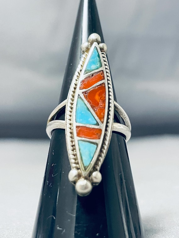 Amazing Vintage Native American Navajo Blue Gem Turquoise & Coral Sterling Silver Ring Amazing Vintage Native American Navajo Blue Gem Turquoise & Coral Sterling Silver Ring