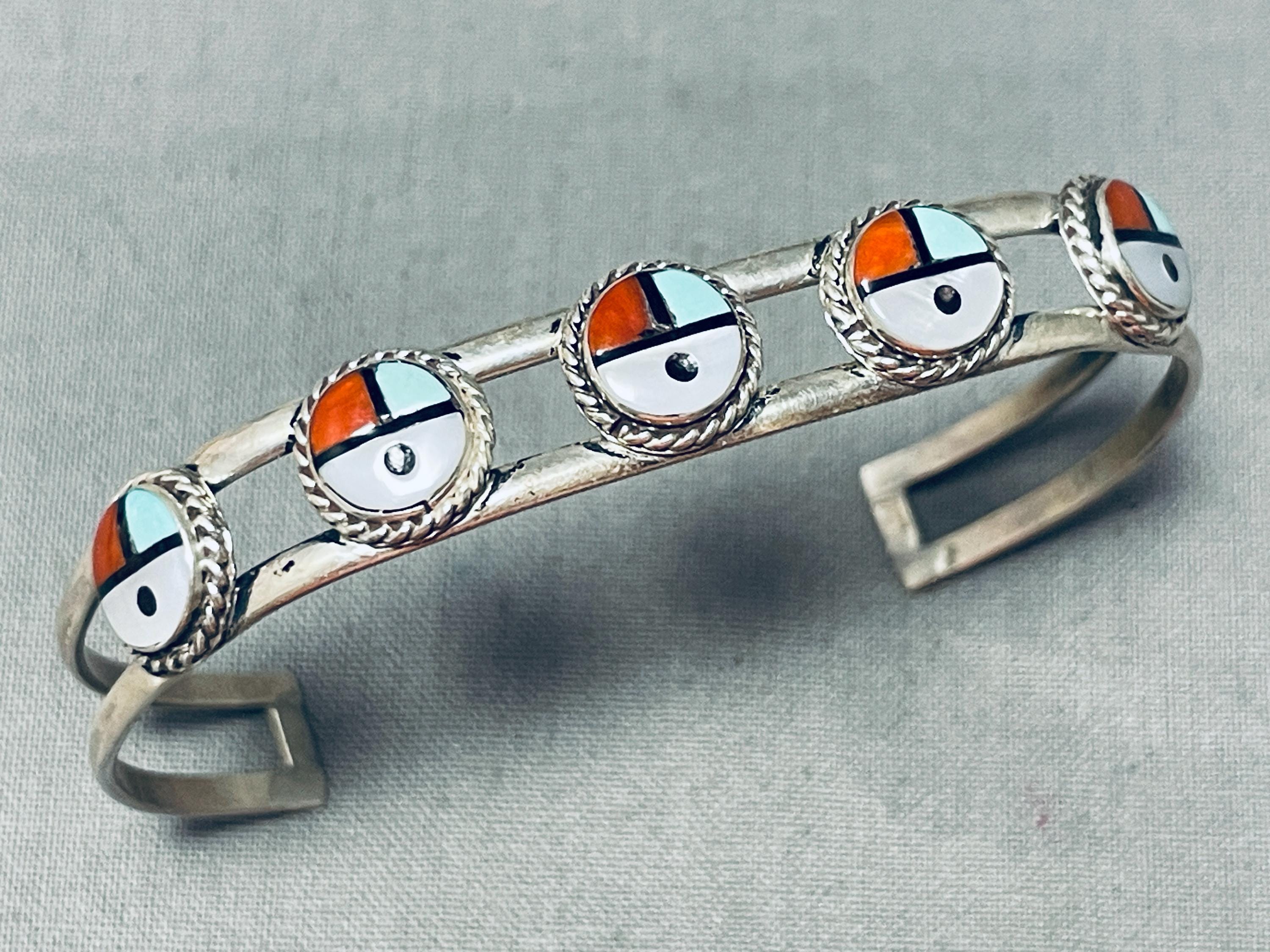 Rare Vintage Native American Zuni 5 Inlay Sunfaces Turquoise Coral