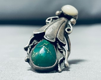 Unique Vintage Native American Navajo Damale Turquoise Sterling Silver Squash Blossom Ring - Make An Offer!