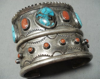 One Of The Bioggest Best Vintage Native American Navajo Turquoise Coral Sterling Silver Bracelet - Make An Offer!