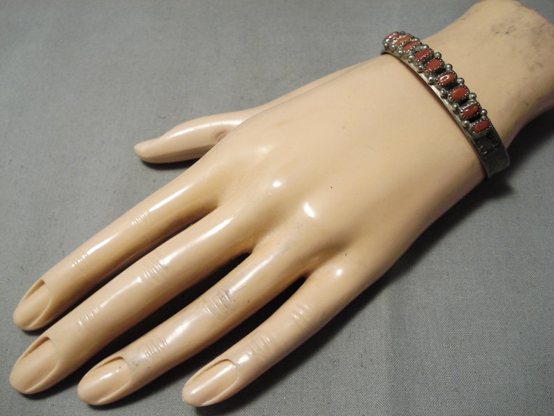Stunning Vintage Native American Navajo Chunky Red Coral Sterling Silver Bracelet Old