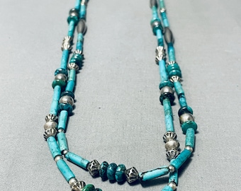 Native American Opulent Santo Domingo Turquoise Sterling Silver Tubule Necklace Native American Opulent Santo Domingo Turquoise Sterling Silver Tubule Necklace