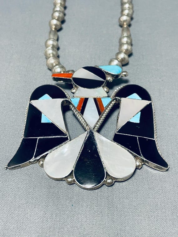 Substantial Vintage Native American Zuni Turquoise Coral Sterling Silver Bird Necklace Substantial Vintage Native American Zuni Turquoise Coral Sterling Silver Bird Necklace