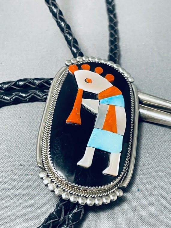 Bev Etsate Native American Zuni Blue Gem Turquoise Coral Sterling Silver Kokopelli Bolo Tie Bev Etsate Native American Zuni Blue Gem Turquoise Coral Sterling Silver Kokopelli Bolo Tie