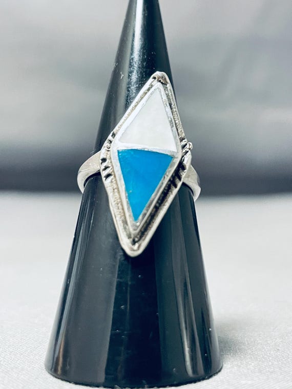Amazing Vintage Native American Zuni Blue Gem Turquoise & Mother Of Pearl Sterling Silver Ring Amazing Vintage Native American Zuni Blue Gem Turquoise & Mother Of Pearl Sterling Silver Ring