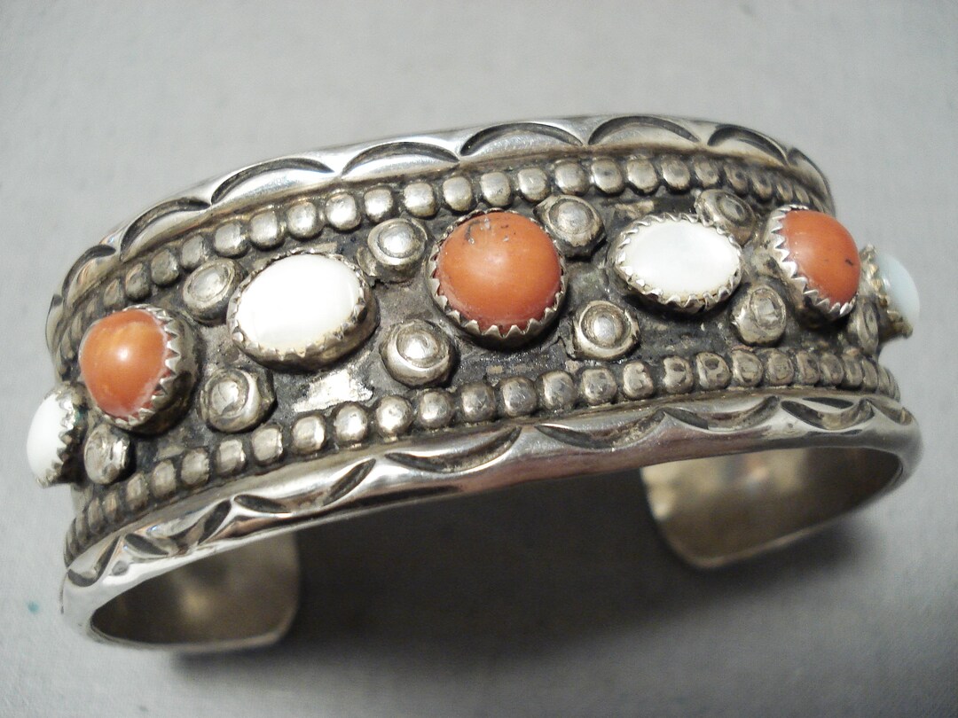 Museum Vintage Native American Navajo Coral Sterling Silver Bracelet ...