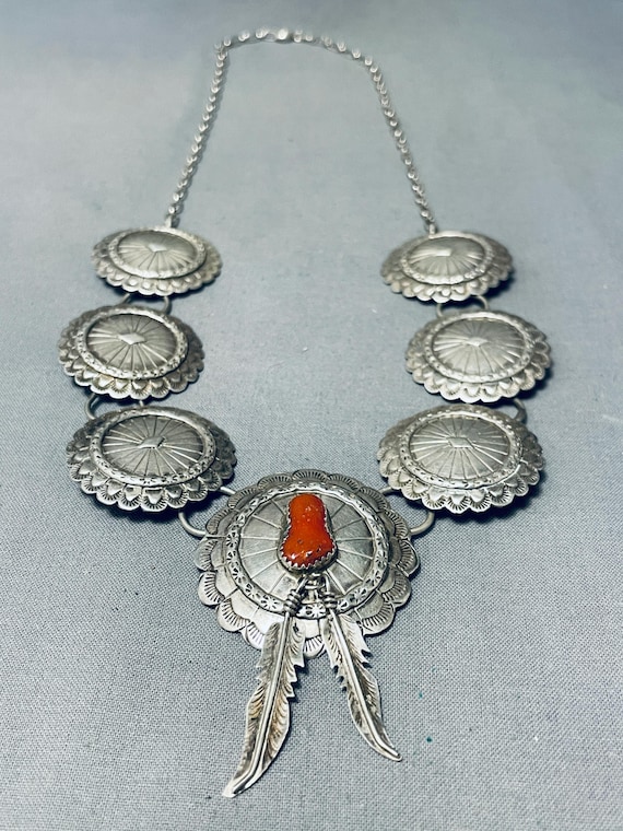 Concho Love Vintage Native American Navajo Coral Sterling Silver Necklace Concho Love Vintage Native American Navajo Coral Sterling Silver Necklace