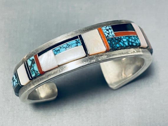 Thick Unique Inlay Vintage Native American Navajo Spider Turquoise Sterling Silver Bracelet Thick Unique Inlay Vintage Native American Navajo Spider Turquoise Sterling Silver Bracelet
