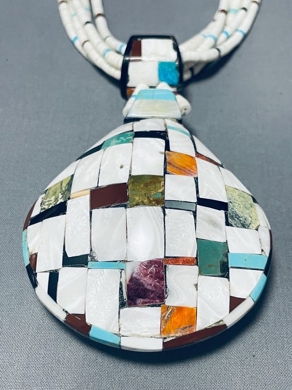 Native American Flask Shell Very Rare Vintage Santo Domingo Turquoise Inlay Necklace Native American Flask Shell Very Rare Vintage Santo Domingo Turquoise Inlay Necklace